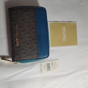 Michael Kors Blue and Brown Zip Wallet